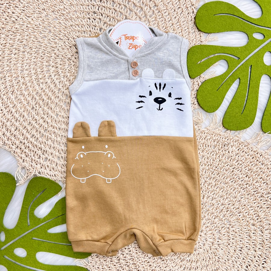 Macaquinho Regata Tigre e Hipopótamo Baby - Caramelo, Branco e Mescla